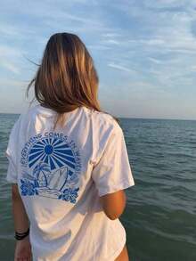 Camisetas de manga corta para mujer, cuello redondo, camiseta de verano para mujer, nueva, sencilla, con estampado de árbol y playa, estilo informal para vacaciones, holgada, versátil, de cuello redondo, azul, de manga corta, camiseta moderna para uso diario, adecuada para el uso diario en vacaciones. - Blanco - Ver 2