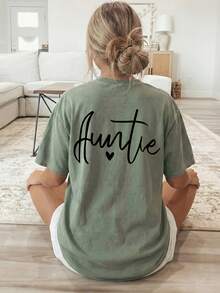 Women's T-Shirt With Double-Sided Front/Back Print - Short Sleeve, Round Neck, Casual Style, Suitable For Casual Wear, Machine Washable, With "Auntie" And Heart Print, Non-Blouse Style For Layering Or Wearing As A Top, 100% Cotton - 橄欖綠 - 查看 3