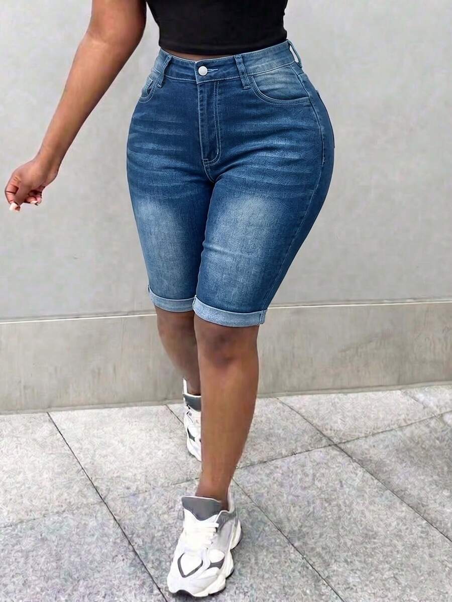 Women's Casual Distressed Elastic Denim Shorts, Suitable For Commuting And Daily Wear, Spring/Summer - Medium Wash - View 1