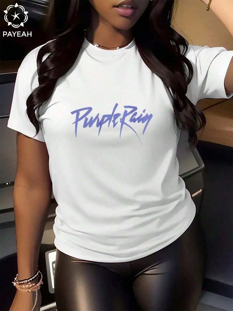 Payeah 1 Piece Women's Short Sleeve T-Shirt 100% Cotton Digital Print "Purple Rain Prince" 220g - Unisex Urban Vintage Style, Loose Cotton T-Shirt With Round Neck And Short Sleeves, Blouses For Women. - 白色 - 查看 1
