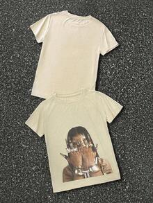 Camiseta de Mujer Beige de Manga Corta 100% Algodón con Estampado Gráfico de Mujer con Joyas Doradas, Estilo Chic Urbano, Cómoda, Transpirable para Uso Diario y Combinaciones Versátiles - Albaricoque - Ver 1