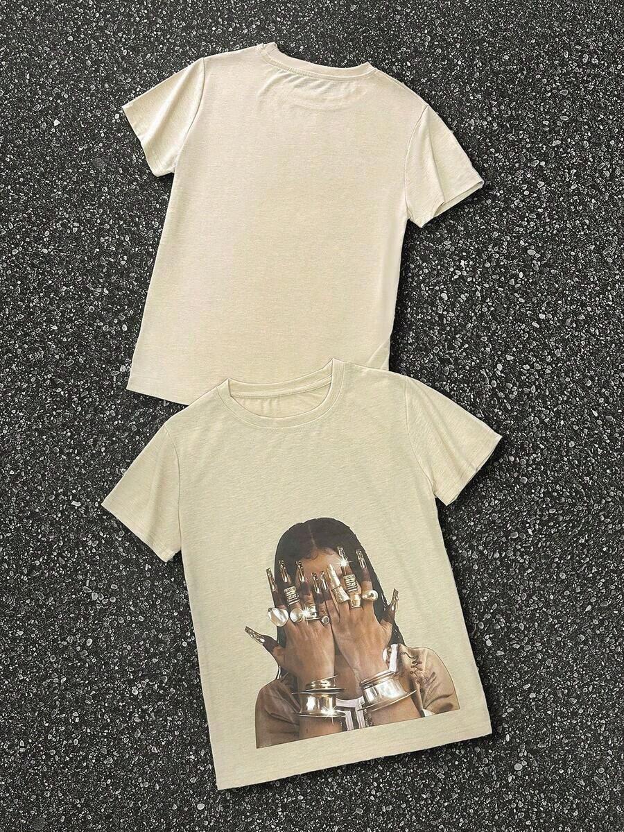 Camiseta de Mujer Beige de Manga Corta 100% Algodón con Estampado Gráfico de Mujer con Joyas Doradas, Estilo Chic Urbano, Cómoda, Transpirable para Uso Diario y Combinaciones Versátiles - Albaricoque - Ver 1