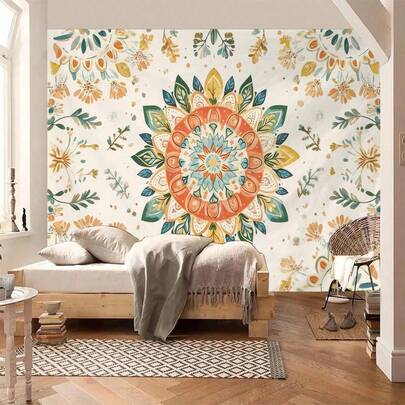 1pc Boho Floral Mandala Tapestry Beige Background With Orange Green And Blue Bohemian Pattern Wall Hanging For Bedroom Living Room Aesthetic Home Decor