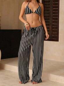 Swim Chiccia Conjunto de bikini a rayas sexy para mujer con pantalones, nueva llegada de trajes de baño para mujer 2026, adecuado para la escuela, vacaciones, citas, té de la tarde, estilo occidental, cruceros, playa, isla, viajes por carretera, todas las estaciones, festivales de música, vacaciones bohemias, vacaciones bohemias, otoño relajado, estilo occidental bohemio, blusas elegantes para mujer - Blanco y Negro - Ver 5