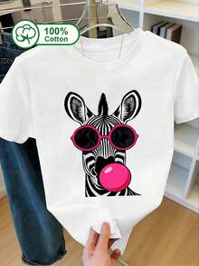 Camia de manga corta casual de uso diario para mujer, 100% algodón, con estampado de cebra soplando una burbuja rosa, adecuada para uso al aire libre, ropa de verano, camia con estampado gráfico. Blanco Adecuado como regalo. playera de mujer. blusas>elegantes. boho chic,Top de mujer suave, transpirable y cómodo, ideal para primavera, verano y otoño, perfecto para vacaciones, viajes y uso diario. Adecuado como regalo. playera de mujer. blusas>elegantes. boho chic,Top de mujer suave, transpirable y cómodo, ideal para primavera, verano y otoño, perfecto para vacaciones, viajes y uso diario. - Blanco - Ver 1