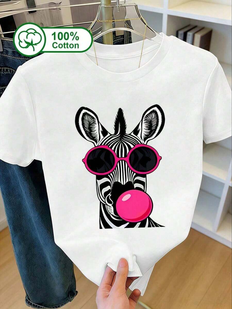 Camia de manga corta casual de uso diario para mujer, 100% algodón, con estampado de cebra soplando una burbuja rosa, adecuada para uso al aire libre, ropa de verano, camia con estampado gráfico. Blanco Adecuado como regalo. playera de mujer. blusas>elegantes. boho chic,Top de mujer suave, transpirable y cómodo, ideal para primavera, verano y otoño, perfecto para vacaciones, viajes y uso diario. Adecuado como regalo. playera de mujer. blusas>elegantes. boho chic,Top de mujer suave, transpirable y cómodo, ideal para primavera, verano y otoño, perfecto para vacaciones, viajes y uso diario. - Blanco - Ver 1