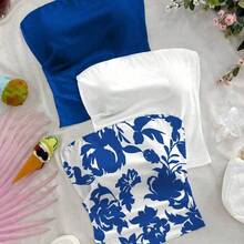 3pcs Plus Size Women Sexy Blue & White Floral Print Slim Strapless Tops Set, Casual Daily Versatile For Date, Afternoon Tea, Beach, Cruise, City Vacation, Suitable For All Seasons, Wedding, Beach, Spring/Summer Vacation, Cruise, Island Vacation, Music Festival, Boho Vacation - Rosa - Ver 4