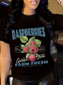 Women's Vintage Summer T-Shirt, Short-Sleeved, Regular Fit, With A Round Neck And Fruit And Vegetable Print. Made Of Hand-Washable Cotton Fabric, Perfect For Casual Wear. A Cute And Fun Summer T-Shirt With Original Graphics. A Fashionable, Cool, And Comfortable Women's T-Shirt. - Black - View 6