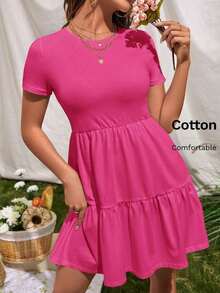 Vestido de punto de manga corta casual con cuello redondo y dobladillo con volantes de unicolor - Rosa Fucsia - Ver 1