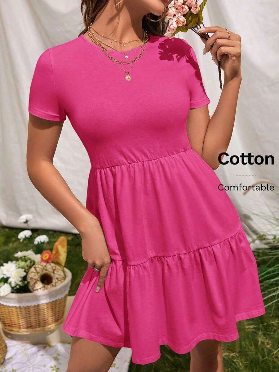 Vestido de punto de manga corta casual con cuello redondo y dobladillo con volantes de unicolor - Rosa Fucsia - Ver 1