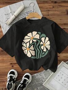 Últimos estilos de 2026: Camiseta de manga corta con cuello redondo y estampado floral [Cc] Cottno, estampado casual de algodón para el hogar, uso diario, vacaciones de verano, ropa Y2k, moda, casual, estilo deportivo relajado, talla grande, ropa de algodón para mujer, top para mujer, 100% algodón, transpirable y cómoda. - Negro - Ver 1