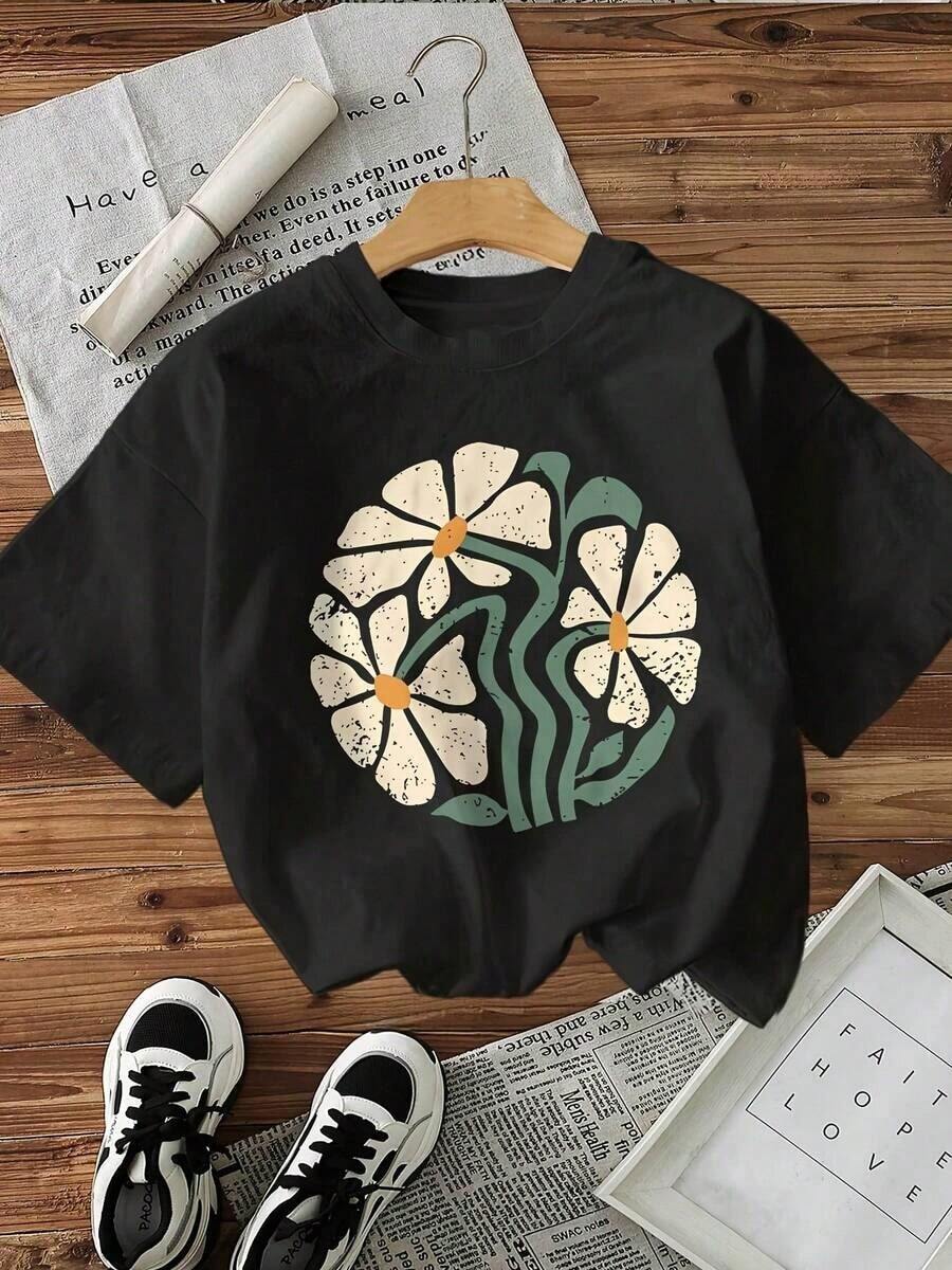 Últimos estilos de 2026: Camiseta de manga corta con cuello redondo y estampado floral [Cc] Cottno, estampado casual de algodón para el hogar, uso diario, vacaciones de verano, ropa Y2k, moda, casual, estilo deportivo relajado, talla grande, ropa de algodón para mujer, top para mujer, 100% algodón, transpirable y cómoda. - Negro - Ver 1