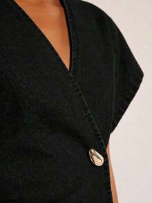 Denim Blusa de mezclilla de manga de murciélago con un solo botón de moda para mujer, de verano - Negro - Ver 7
