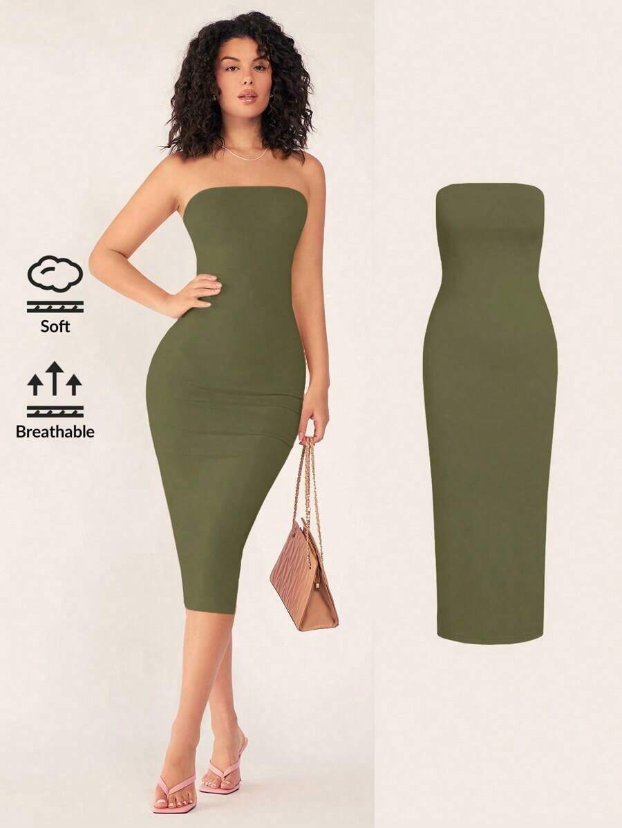 Vestido casual de cena ajustado sin tirantes y de silueta ceñida para mujer - Verde militar - Ver 1