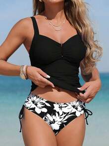 Swim Lushoire 2 piezas Traje de baño tipo tankini para mujer, torso fruncido con acabado en forma de U y estampado floral, casual y cómodo para nadar de vacaciones - Blanco y Negro - Ver 8
