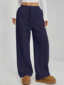 Pantalón de chándal de pierna recta con detalle de guijarro para mujer, mezcla de algodón cómoda - Azul marino - Ver 7