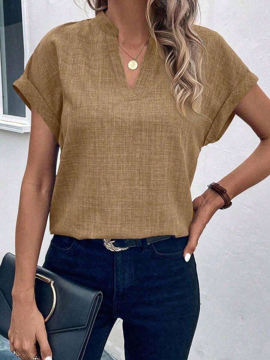 Camisa casual de mujer de manga corta con cuello entallado de unicolor, para verano - Camel - Ver 1