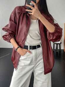 -Less Chaqueta de piel sintética minimalista con cremallera frontal de manga larga y unicolor, para uso casual, ropa de otoño, estilo casual de negocios para mujer - Burdeos - Ver 4