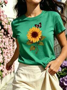 Camiseta verde de manga corta y cuello redondo para mujer - Estampado fresco de girasoles y mariposas - Prenda versátil para el verano Camiseta básica de puro algodón - Motivo de girasoles y mariposas dibujado a mano - Camiseta casual y moderna para el día a día - Verde - Ver 10