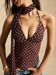 Top halter sin espalda con lunares de color café para mujer - Marrón - Ver 9