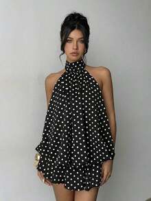 Vestido mini elegante de mujer con estampado de lunares y escote halter sin espalda - Negro - Ver 6