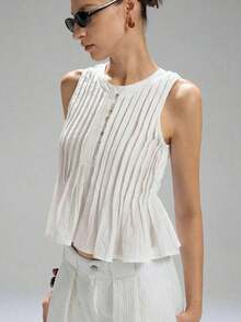 Primavera/Verano Nueva Blusa de Lino sin Mangas con Cintura Plisada para Mujer, Minimalista Casual, Estilo Vacacional, Marrón - Beis - Ver 3
