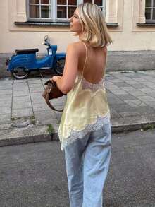 Camiseta sin mangas asimétrica de encaje con contraste de unicolor para mujer, elegante y holgada, top casual de verano - Amarillo - Ver 3