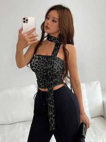 Top de bandeau fruncida con estampado de leopardo y bufanda - Gris - Ver 5