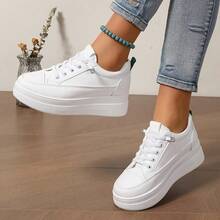 Summer New Minimalist Solid Color Thick Sole Platform White Sneakers Women's Thick Sole Slimming Lace-Up Casual Skate Shoes Daily Commute Versatile Women's Shoes (Runs Half Size Small) - White - View 5