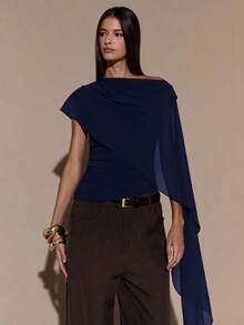 Blusa de punto con cuello anudado y hombro asimétrico, suéter elegante y ajustado, otoño/invierno - Azul marino - Ver 3