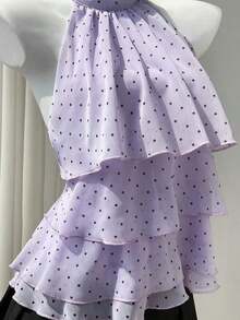 Blusa elegante sin mangas con cuello de tortuga, volantes y lunares para el verano - Morado - Ver 3