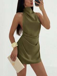 Vestido mini plisado de mujer con espalda abierta y atado - Verde militar - Ver 7