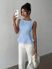 Blusa sin mangas elegante para ir al trabajo, diseño minimalista - Azul - Ver 6