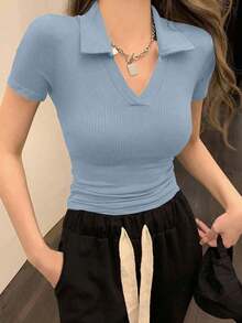 Camiseta polo de manga corta de ajuste ceñido para mujer, unicolor de verano - Celeste - Ver 2