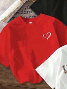 Set de 3 camisetas cortas de mujer de manga corta y cuello redondo con estampados minimalistas casuales de corazón, lazo y fresa - Multicolor 5 - Ver 3