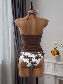 Conjunto de top de tankini con cuello halter y Bottom con estampado de palmeras, cordón y fruncido, para vacaciones y playa - Multicolor 4 - Ver 6