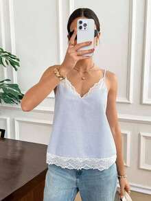 Camiseta de tirantes de mujer de verano casual con estampado de lunares y parches de encaje - Azul y blanco - Ver 4
