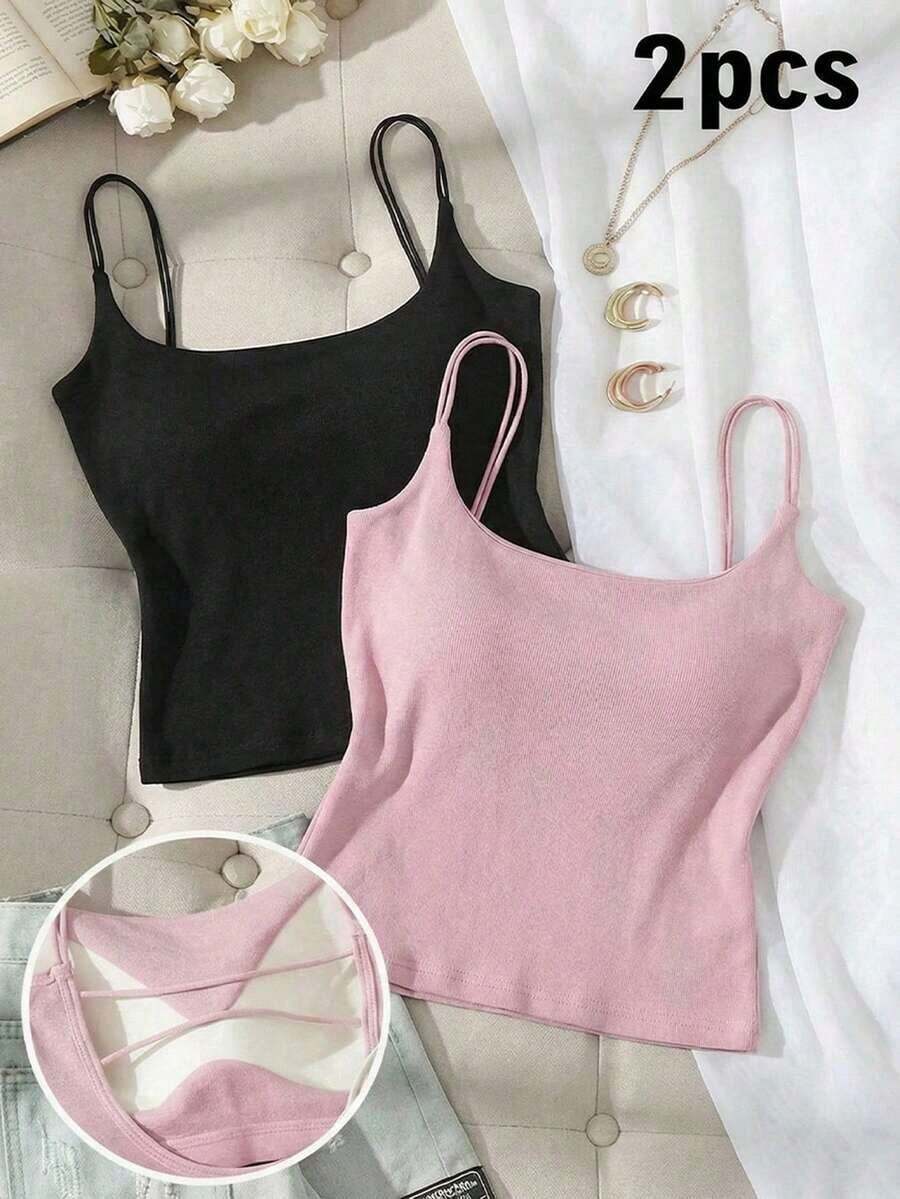 Paquete de 2 tops de camiseta acanalada con sujetador acolchado incorporado - Rosa y Negro/Lunares blancos, tops versátiles casuales para verano y uso en todas las estaciones, estilos suaves y limpios para chica, perfectos para el hogar, la escuela - Negro 8 - Ver 1