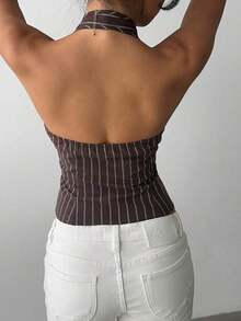 delgado de mujer de algodón con rayas, cuello alto y abotonadura sencilla, para otoño/invierno - Marrón 2 - Ver 2