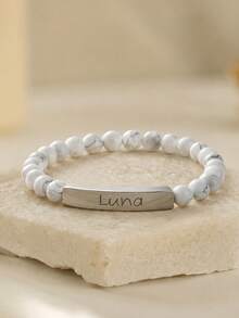 1pc Customized Women's Natural Stone Name Bracelet, Personalized Fashion Natural Stone Beaded Bracelet, Girlfriend Gift, Customized Mother's Day Bracelet, Laser Engraved Text Bracelet, Custom Name Bracelet, Engraved Anniversary Date Bracelet, Colorful Elastic Natural Stone Bracelet, Women's Bracelet, Customized Mom Bracelet, Christmas Customized Bracelet Gift For Her, Personalized Beaded Name Bracelet - Natural Stone Bracelet - View 6