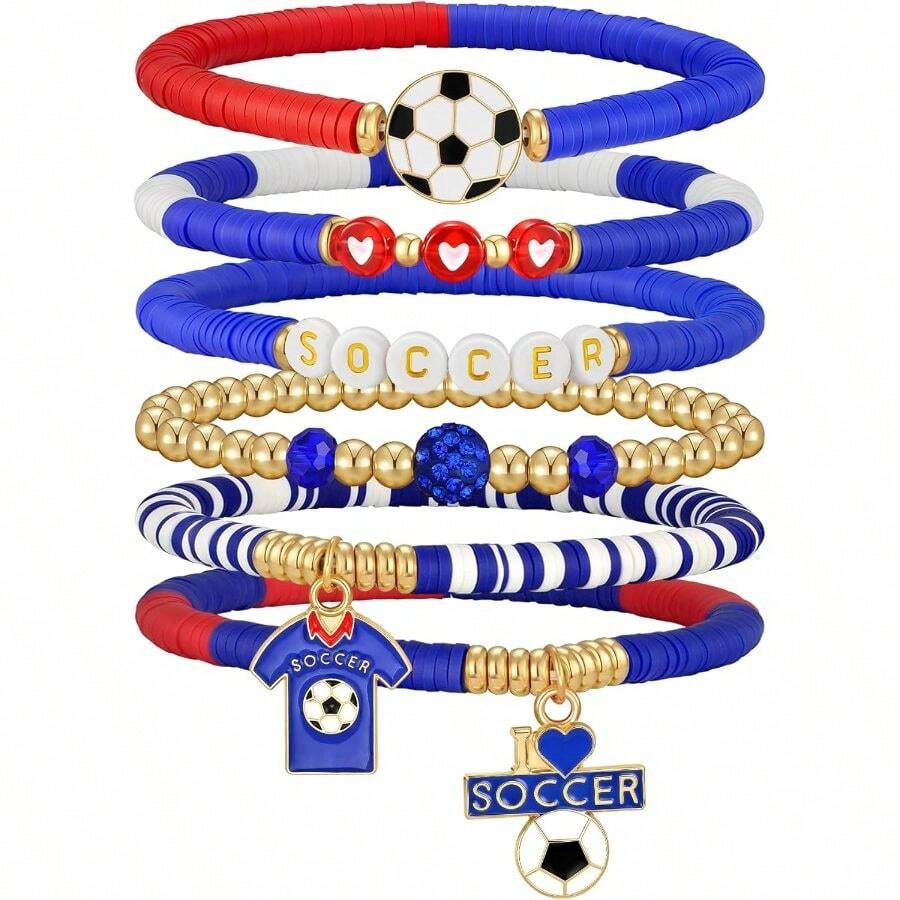 2026 World Soccer Cup Stretch Beaded Bracelets Soccer Gifts Football Charm Game Day Fan Bracelets Stackable Sports Jewelry For USA Mexico Canada Argentina Brazil Fans Gifts For Women Men - Blue/Red-america - View 1