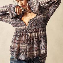 BohoFeels Easter Musical Festival BOHO Woven Printed Flare Long Sleeve Loose Women Shirt - Negro - Ver 5