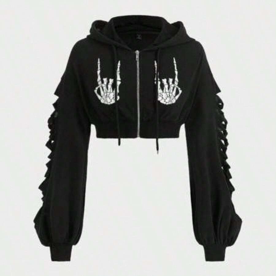 PUNK Skeleton Print Drop Shoulder Drawstring Hoodie, School,Long Sleeve Tops - Negro - Ver 1