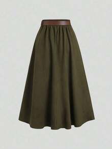 Sweetro Falda de ante marrón con diseño de solapa única, otoño/invierno - Verde militar - Ver 2