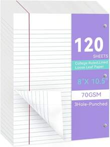 Loose Leaf Paper Wide Ruled Notebook Paper, 8" X 10.5" Lined Filler Paper For 3-Ring Binders, 3-Hole Punched Writing Paper-120 Sheets, White - 顏色B - 查看 1