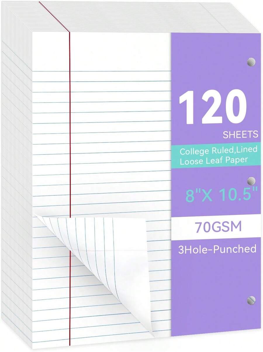 Loose Leaf Paper Wide Ruled Notebook Paper, 8" X 10.5" Lined Filler Paper For 3-Ring Binders, 3-Hole Punched Writing Paper-120 Sheets, White - 顏色B - 查看 1