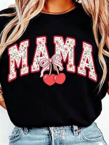 Una camiseta de manga corta para mujer con estilo retro americano, de corte holgado y con diseño estampado (los pantalones son solo para sugerencias de estilo). Esta pieza sencilla y elegante presenta un patrón de letras impresas con temática tropical, lo que la convierte en un elemento imprescindible para crear un look relajado de vacaciones, perfecto para ocasiones como el Día del Trabajo y el Día de la Independencia de México. - Negro - Ver 1