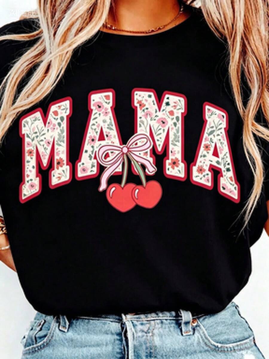 Una camiseta de manga corta para mujer con estilo retro americano, de corte holgado y con diseño estampado (los pantalones son solo para sugerencias de estilo). Esta pieza sencilla y elegante presenta un patrón de letras impresas con temática tropical, lo que la convierte en un elemento imprescindible para crear un look relajado de vacaciones, perfecto para ocasiones como el Día del Trabajo y el Día de la Independencia de México. - Negro - Ver 1
