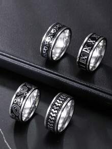 Nhẫn nam bằng thép không gỉ, họa tiết số và ngọn lửa cổ điển, trang sức thời trang phong cách Gothic, quà tặng Ngày của Cha/quà tặng bạn trai. - Bạc - Xem 1