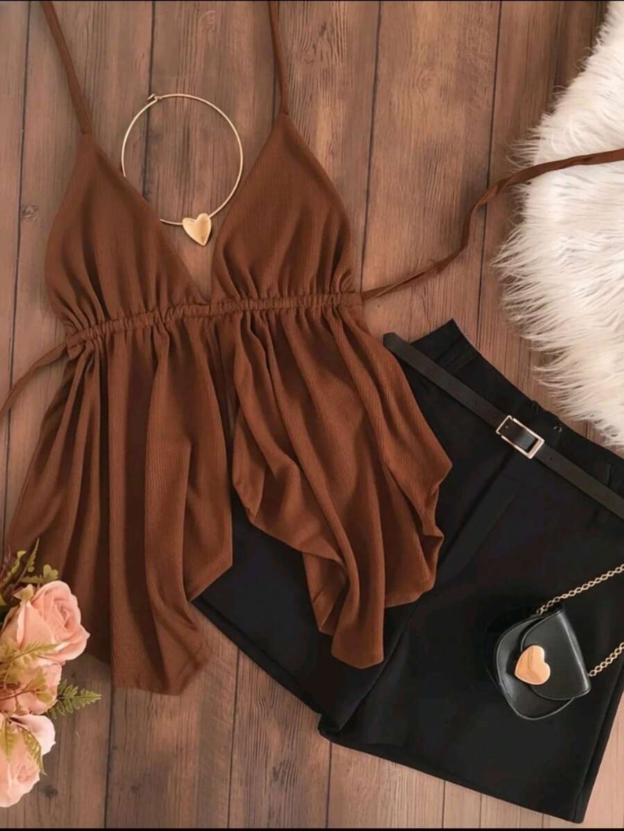 Women's Carnival 2026 Outfit: Cropped Top And High-Waisted Shorts - Blogger Look For A Cool Summer - Màu Khaki - Xem 1